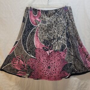FOR CYNTHIA Womens Large Pink Grey Floral Knit A-Line Midi Skirt Rayon Blend